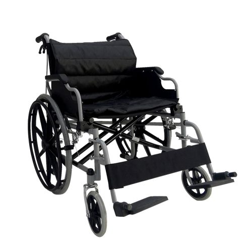 Silla de ruedas manual ergonómica, estructura de acero al carbono y diseño portátil