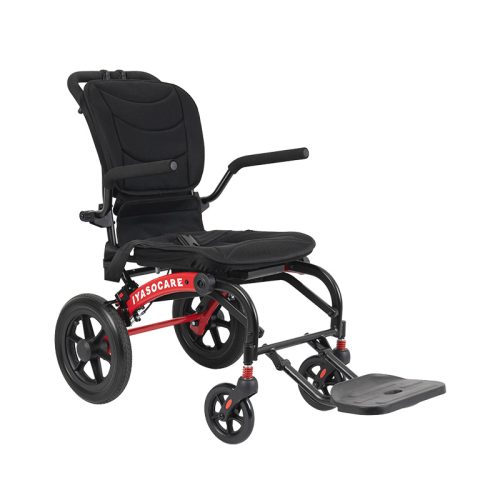Silla de ruedas manual ligera de aluminio con estructura plegable y asa de viaje