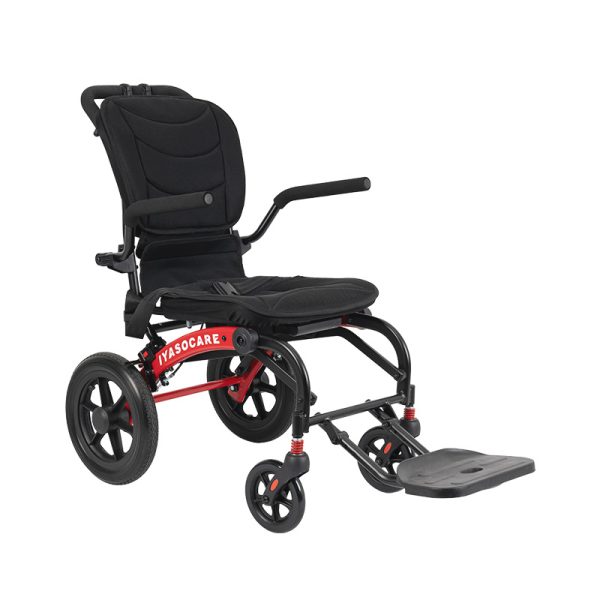 Silla de ruedas manual ligera de aluminio con estructura plegable y asa de viaje